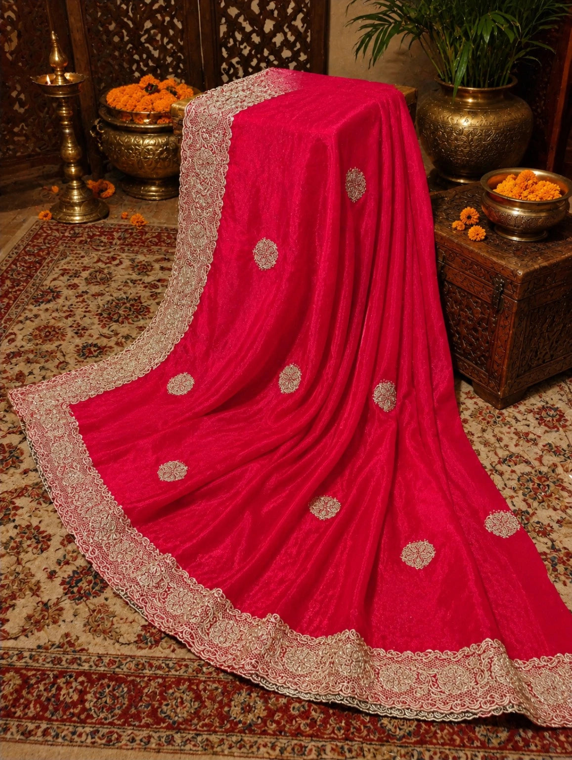 Hot Pink Jimmy Choo Embroidered Saree with Intricate Gold Lace Border for Festive & Party Wear