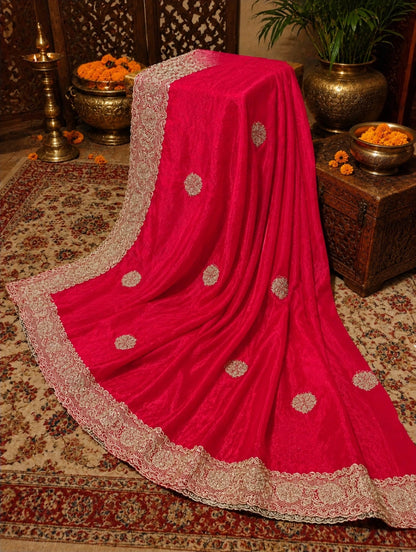 Hot Pink Jimmy Choo Embroidered Saree with Intricate Gold Lace Border for Festive & Party Wear