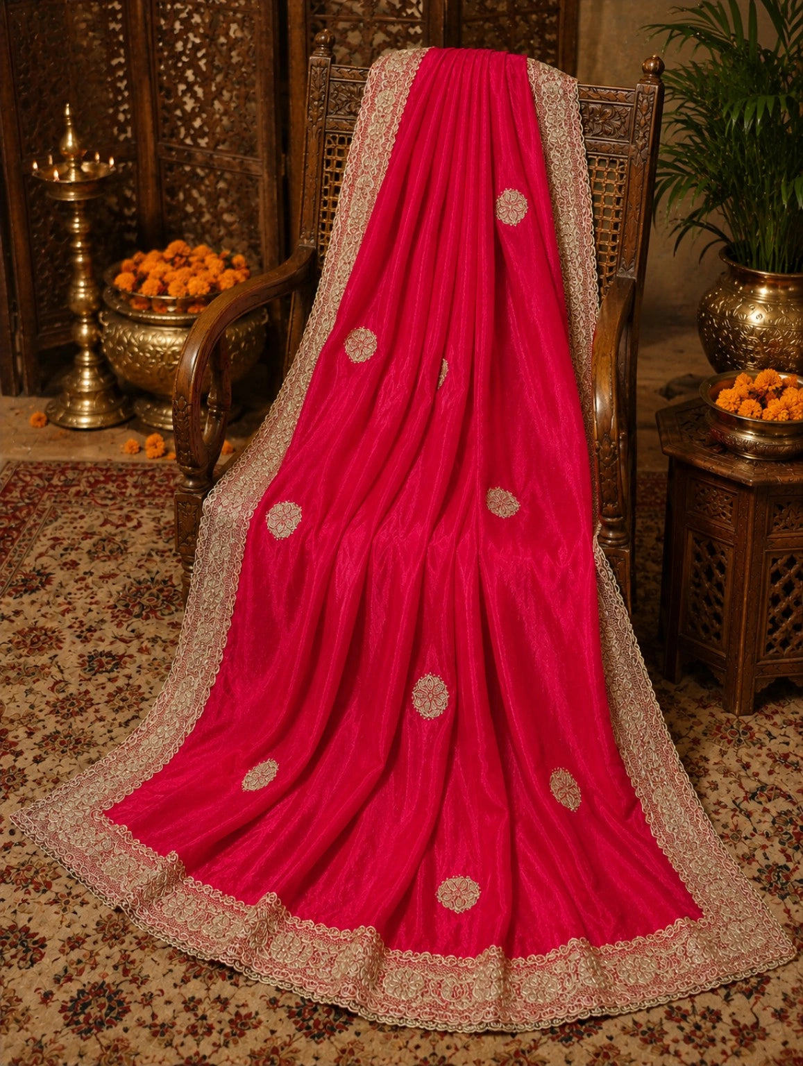 Hot Pink Jimmy Choo Embroidered Saree with Intricate Gold Lace Border for Festive & Party Wear