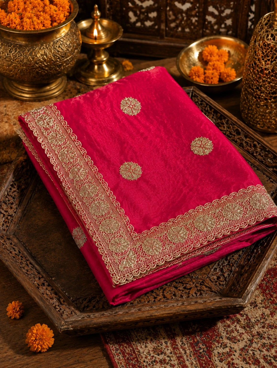 Hot Pink Jimmy Choo Embroidered Saree with Intricate Gold Lace Border for Festive & Party Wear