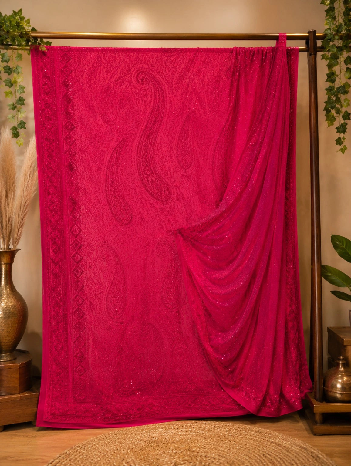 Rani Pink Georgette Designer Saree with Paisley Embroidery and Sequin Detailing