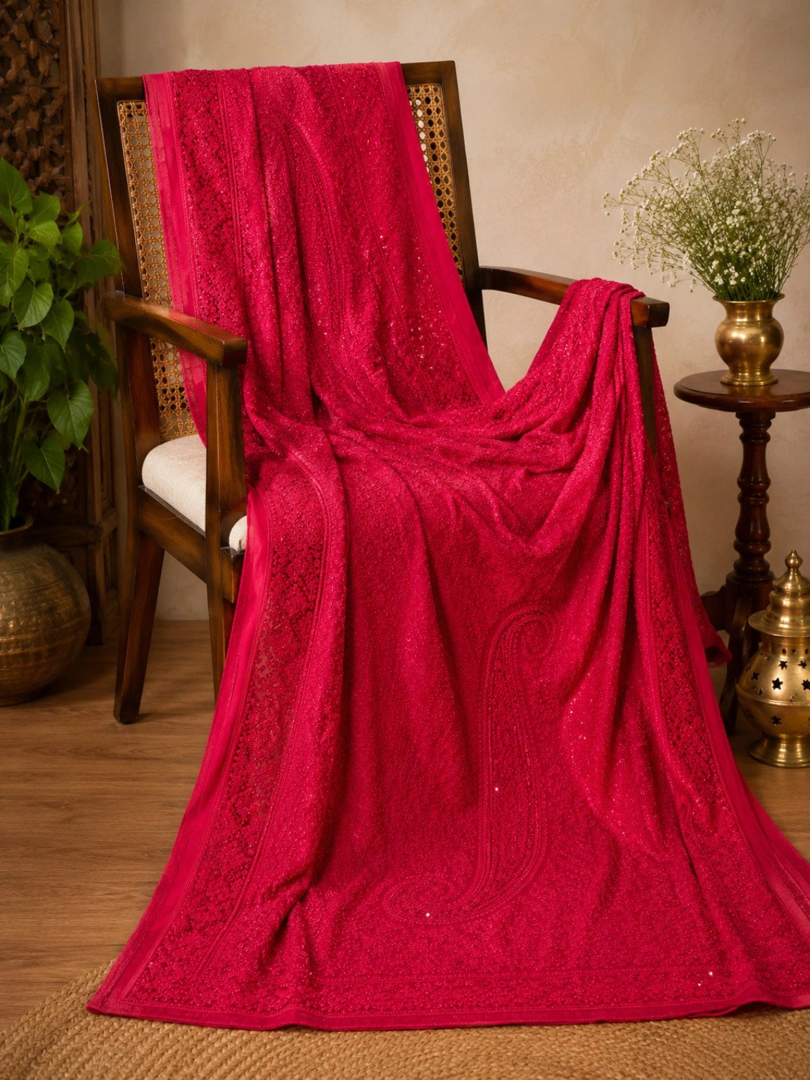 Rani Pink Georgette Designer Saree with Paisley Embroidery and Sequin Detailing