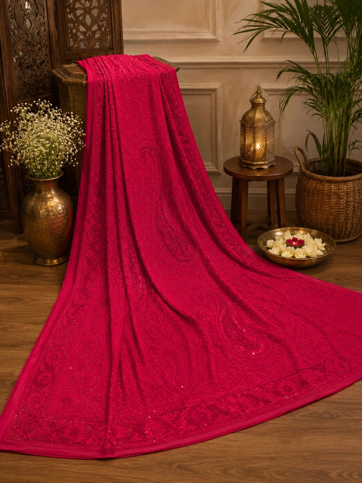 Rani Pink Georgette Designer Saree with Paisley Embroidery and Sequin Detailing
