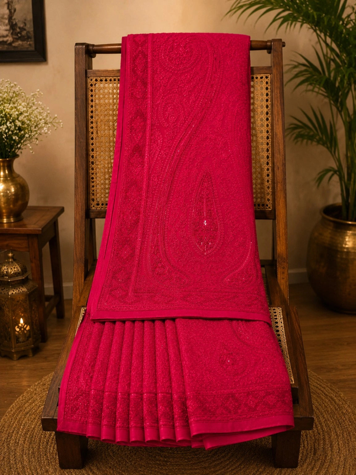 Rani Pink Georgette Designer Saree with Paisley Embroidery and Sequin Detailing
