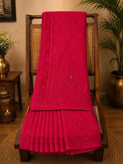 Rani Pink Georgette Designer Saree with Paisley Embroidery and Sequin Detailing