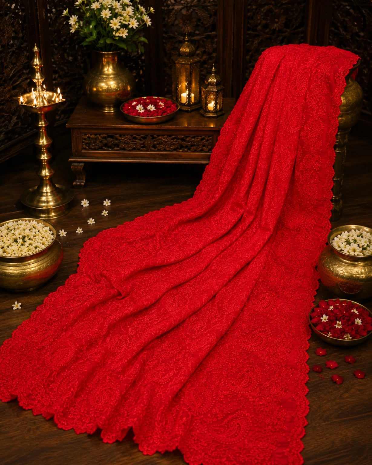Elegant Red Chikankari Scallop Embroidered Saree with Paisley Floral Threadwork