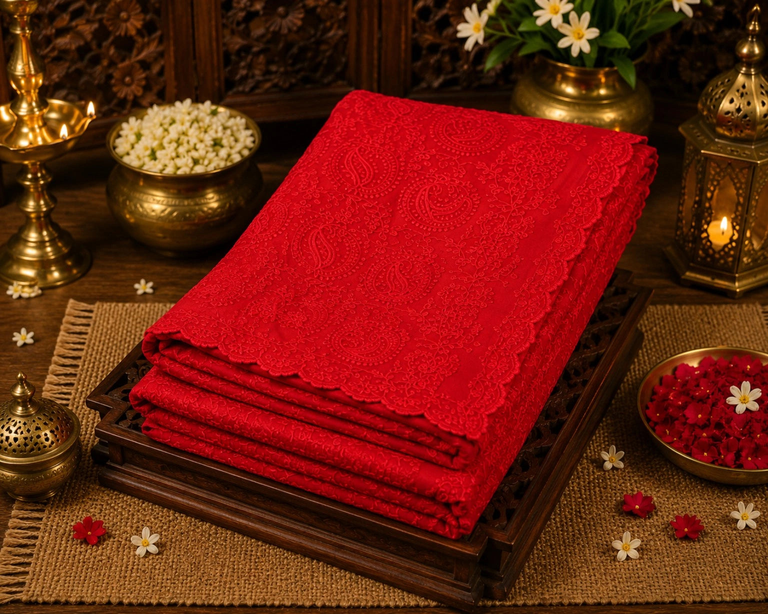 Elegant Red Chikankari Scallop Embroidered Saree with Paisley Floral Threadwork