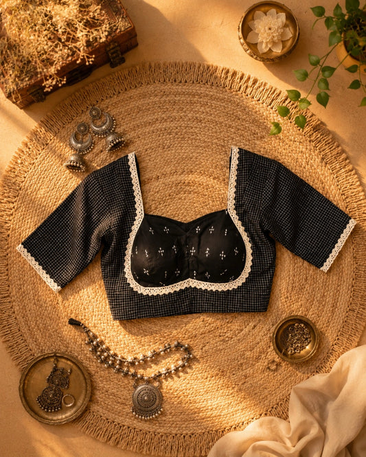 Black Handloom Cotton Jacquard Lace Work Blouse for Women | Elegant Ethnic Wear