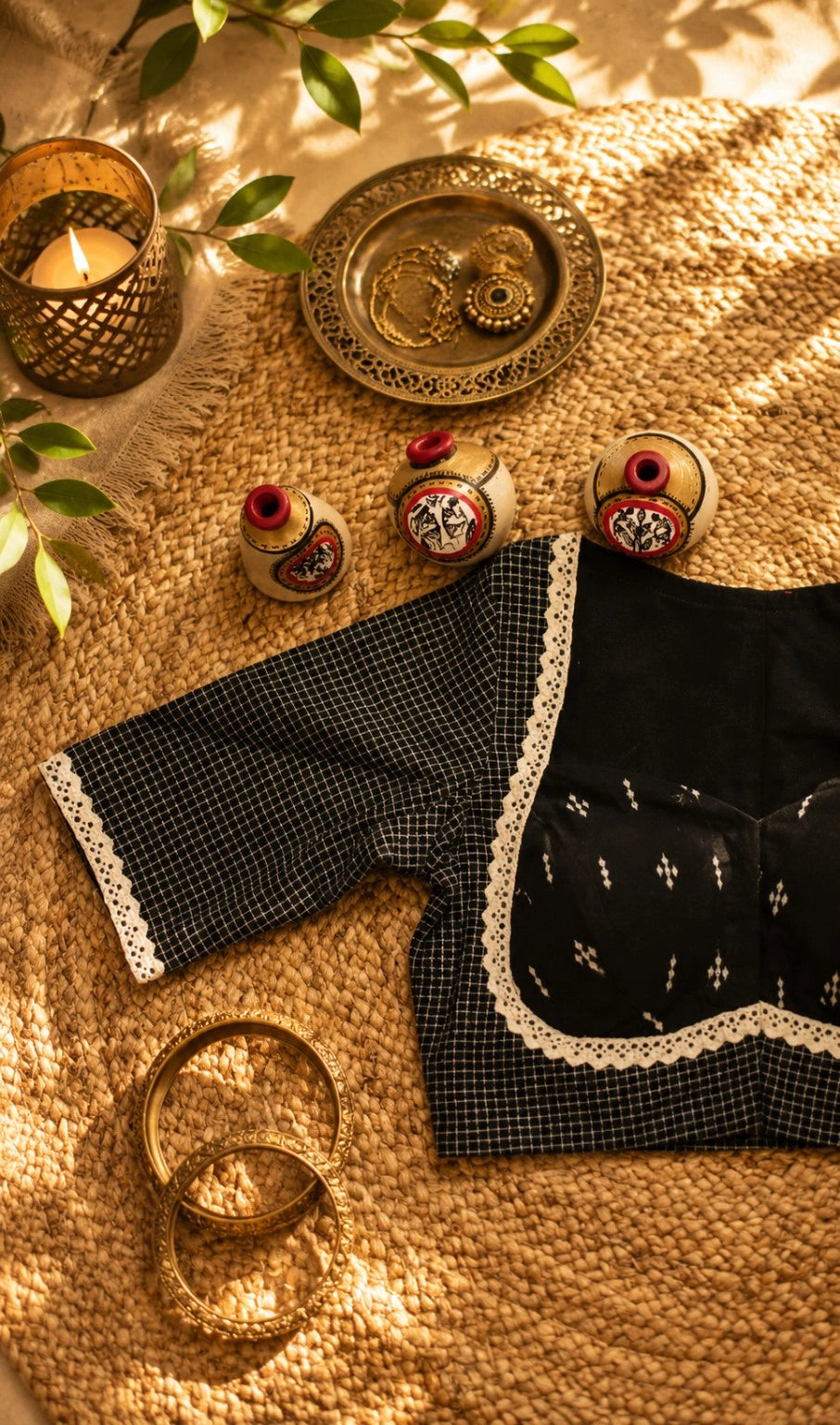 Black Handloom Cotton Jacquard Lace Work Blouse for Women | Elegant Ethnic Wear