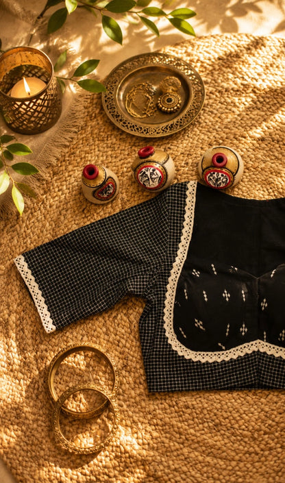Black Handloom Cotton Jacquard Lace Work Blouse for Women | Elegant Ethnic Wear
