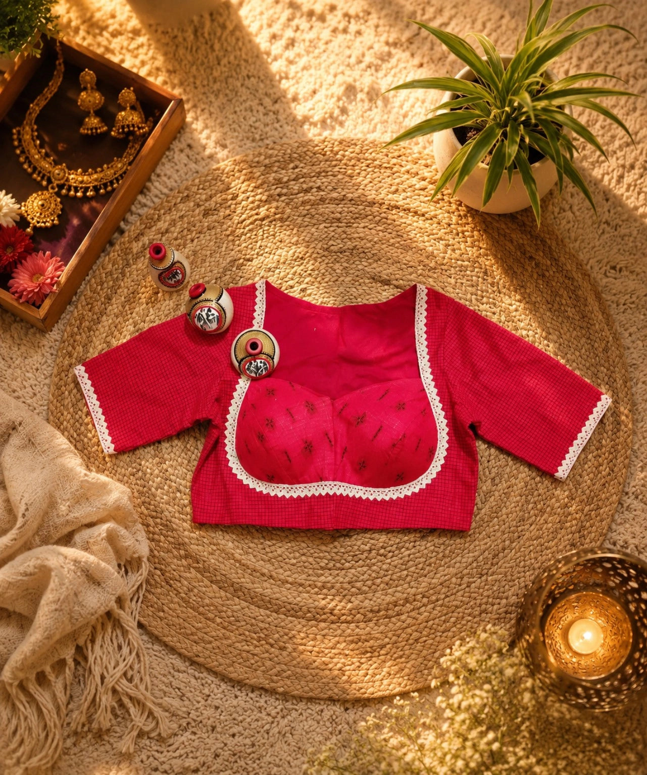 WEVOW Red Handloom Cotton Jacquard Lace Work Blouse for Women