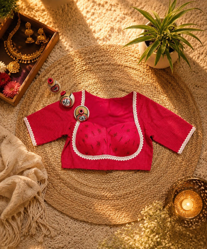 WEVOW Red Handloom Cotton Jacquard Lace Work Blouse for Women