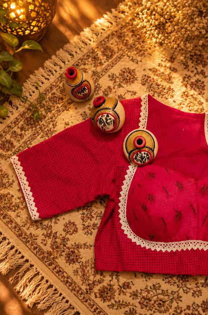 WEVOW Red Handloom Cotton Jacquard Lace Work Blouse for Women