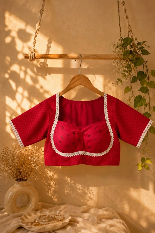 WEVOW Red Handloom Cotton Jacquard Lace Work Blouse for Women