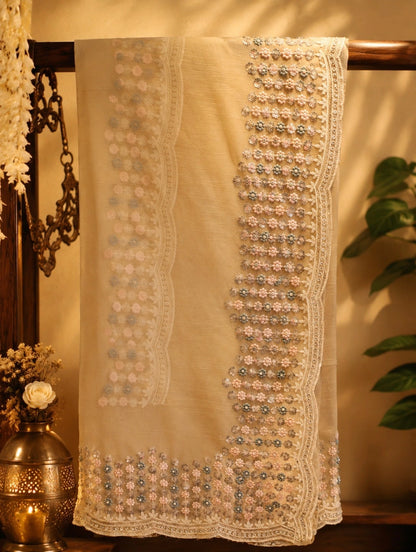 Beige Fendi Silk Floral Embroidered Saree with Scalloped Lace Border & Sequin Handwork
