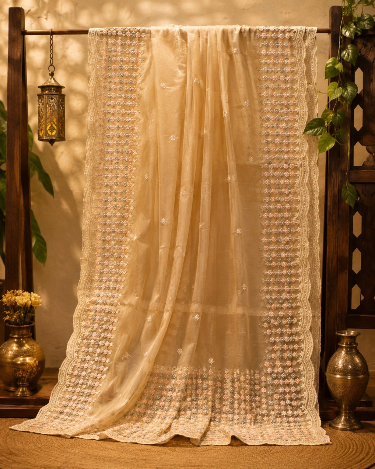 Beige Fendi Silk Floral Embroidered Saree with Scalloped Lace Border & Sequin Handwork