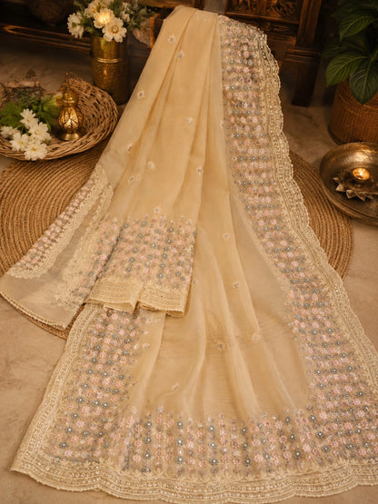 Beige Fendi Silk Floral Embroidered Saree with Scalloped Lace Border & Sequin Handwork