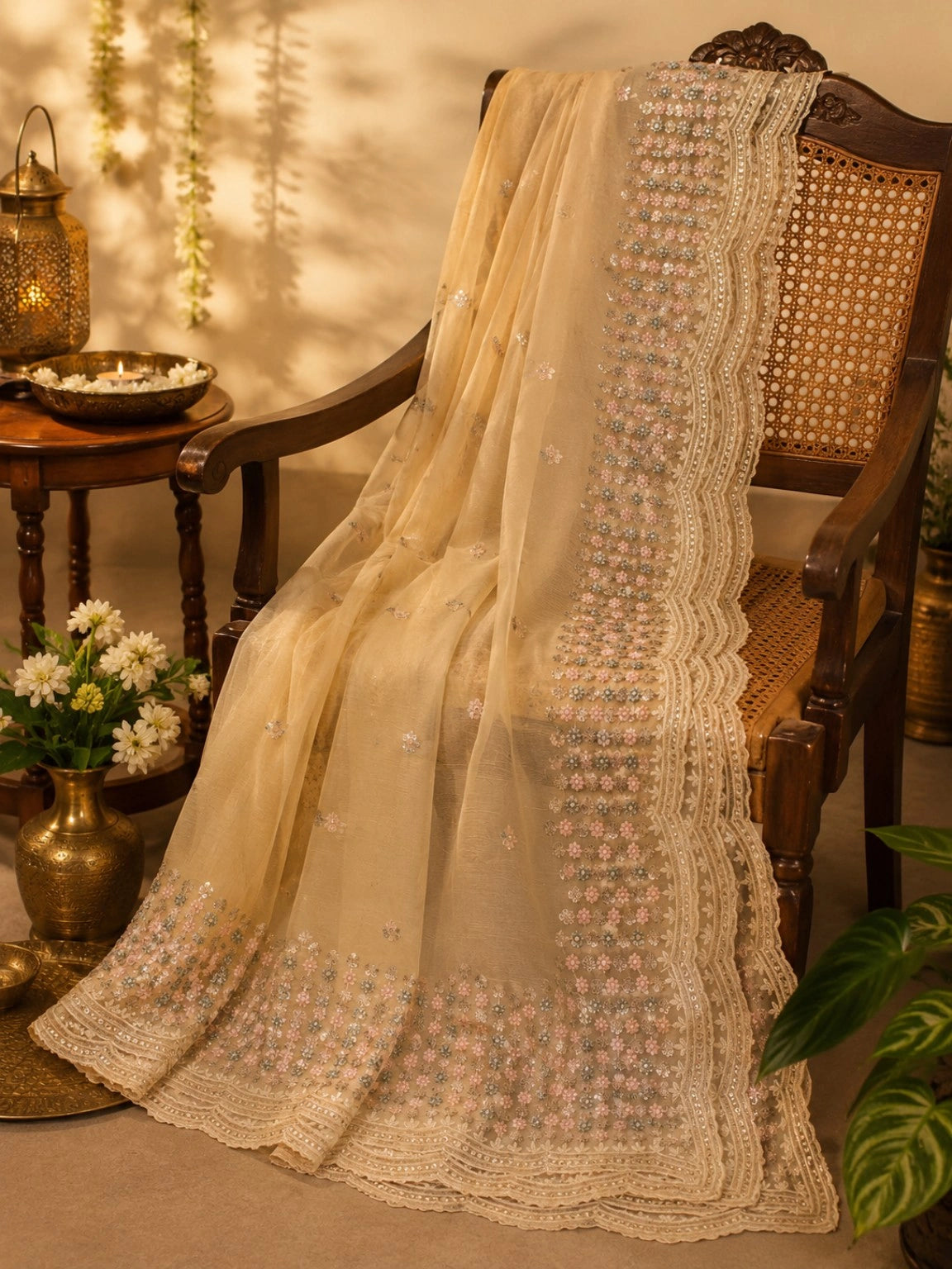 Beige Fendi Silk Floral Embroidered Saree with Scalloped Lace Border & Sequin Handwork