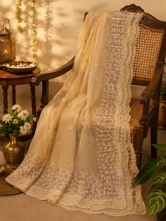 Beige Fendi Silk Floral Embroidered Saree with Scalloped Lace Border & Sequin Handwork