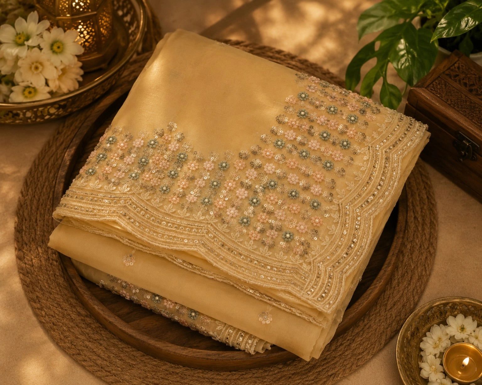 Beige Fendi Silk Floral Embroidered Saree with Scalloped Lace Border & Sequin Handwork