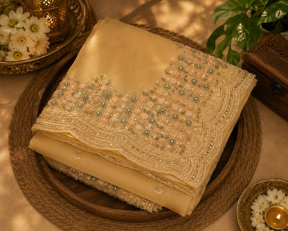 Beige Fendi Silk Floral Embroidered Saree with Scalloped Lace Border & Sequin Handwork