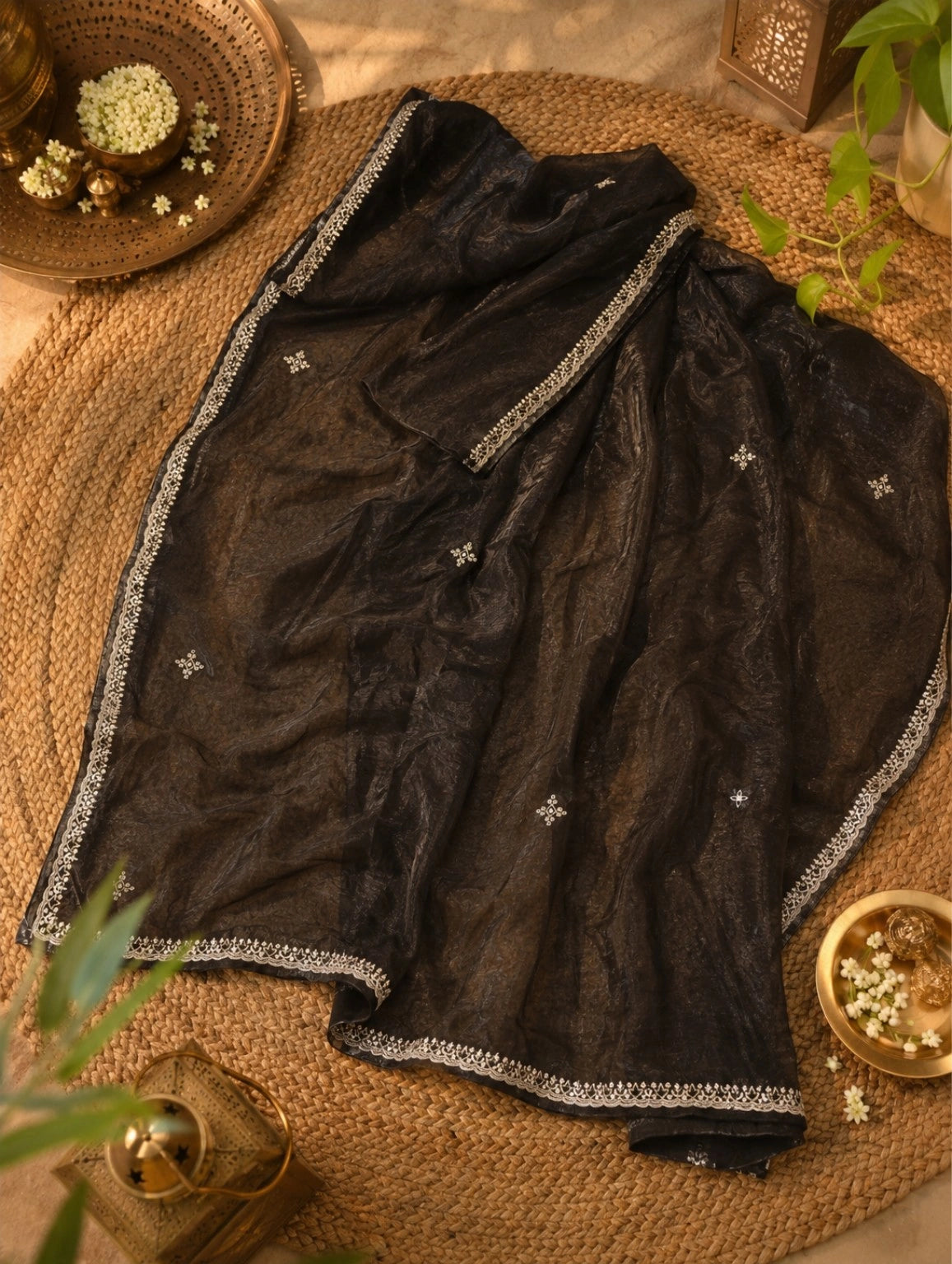 Black Satin Hand Work Saree Combo with Embroidered Blouse