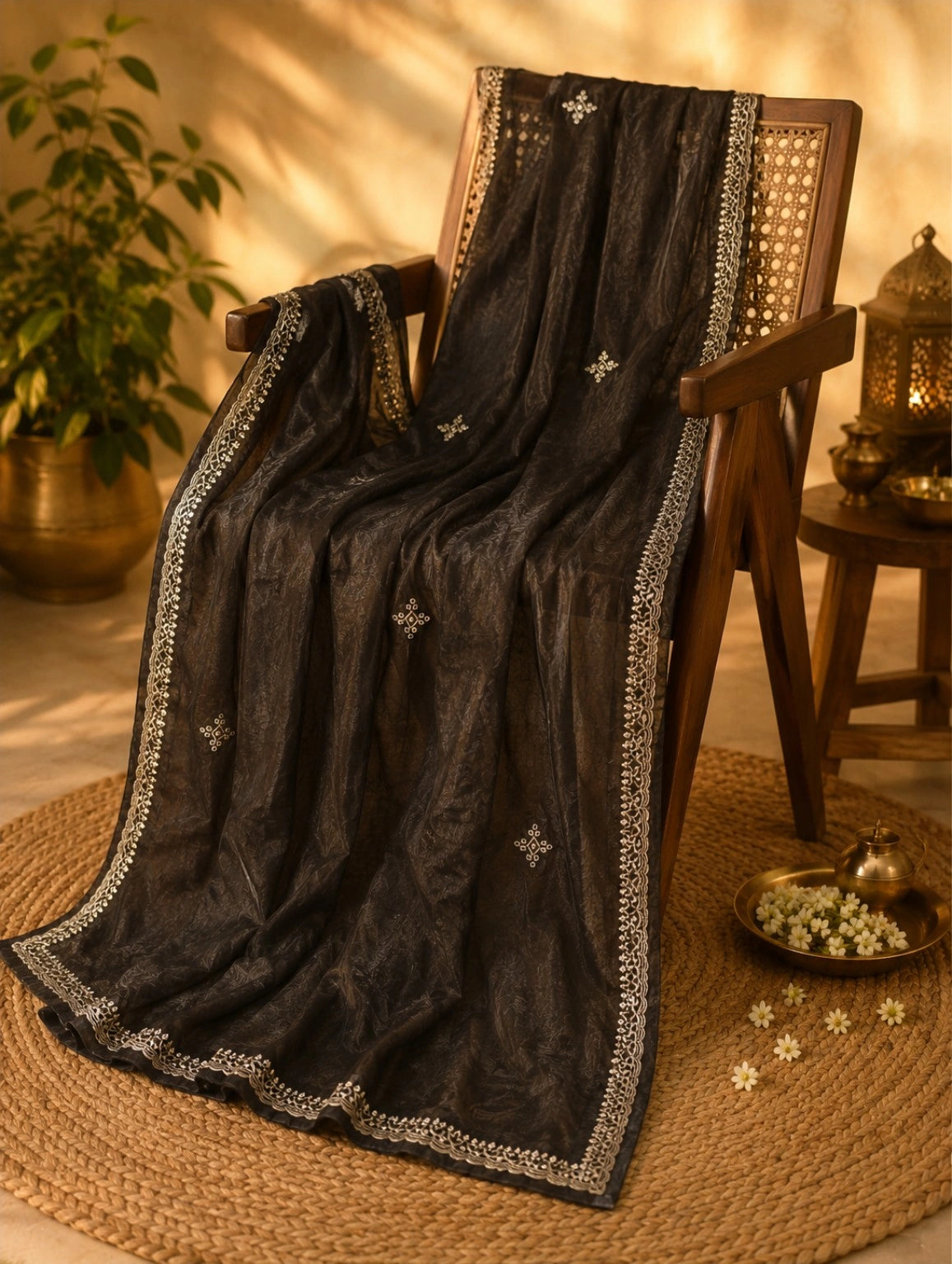 Black Satin Hand Work Saree Combo with Embroidered Blouse