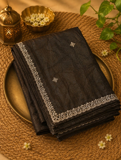 Black Satin Hand Work Saree Combo with Embroidered Blouse