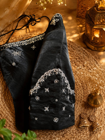 Black Satin Hand Work Saree Combo with Embroidered Blouse