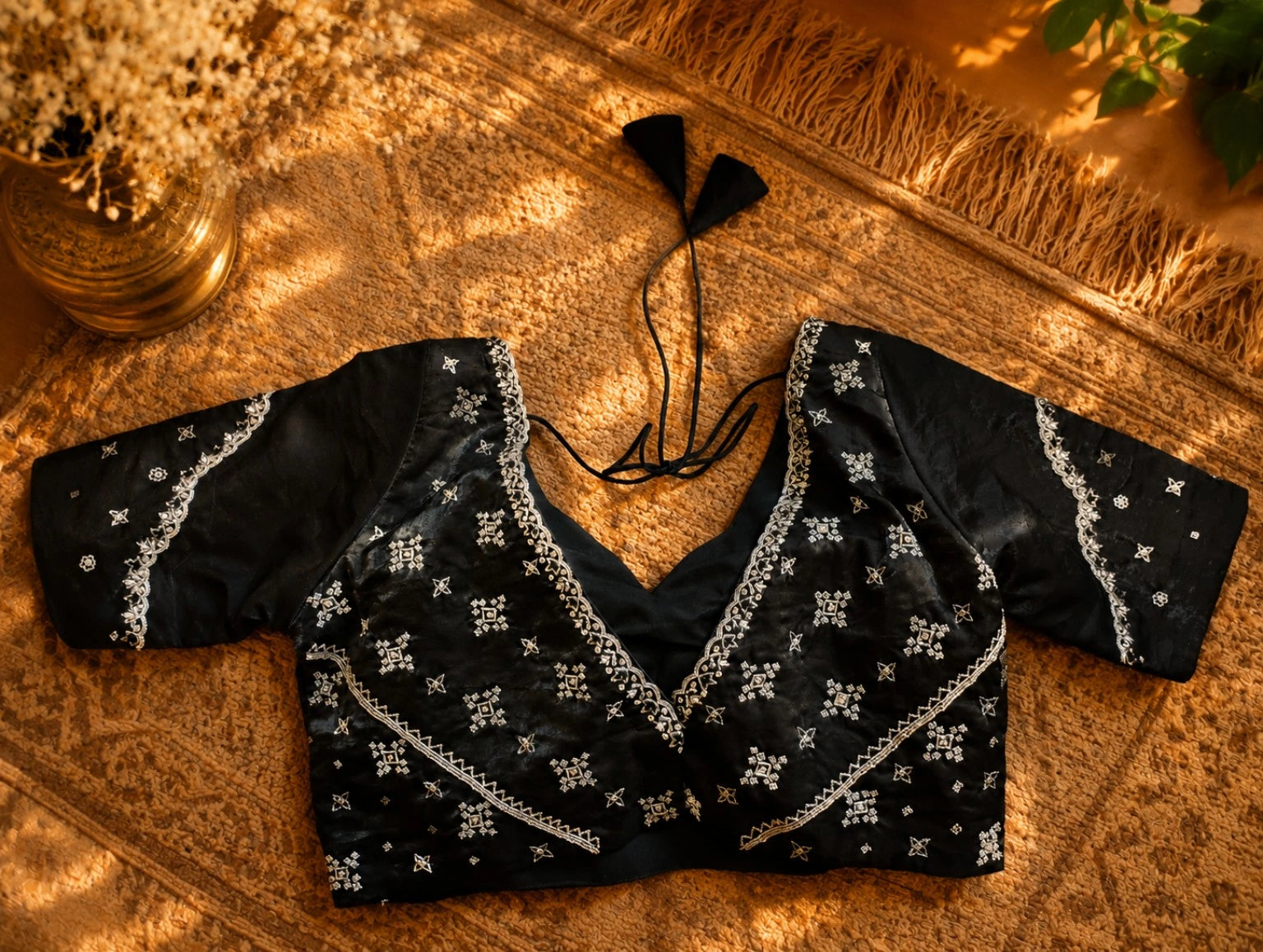 Black Satin Hand Work Saree Combo with Embroidered Blouse