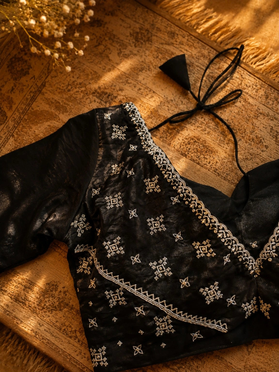 Black Satin Hand Work Saree Combo with Embroidered Blouse