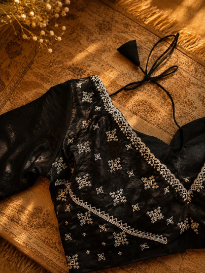 Black Satin Hand Work Saree Combo with Embroidered Blouse