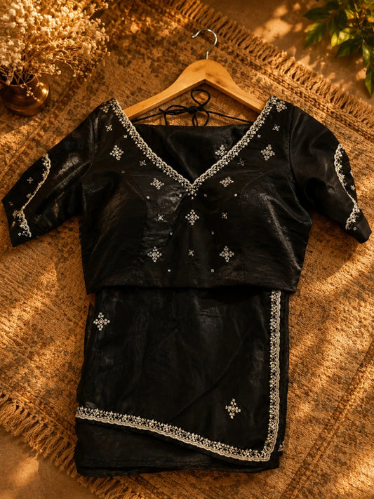 Black Satin Hand Work Saree Combo with Embroidered Blouse