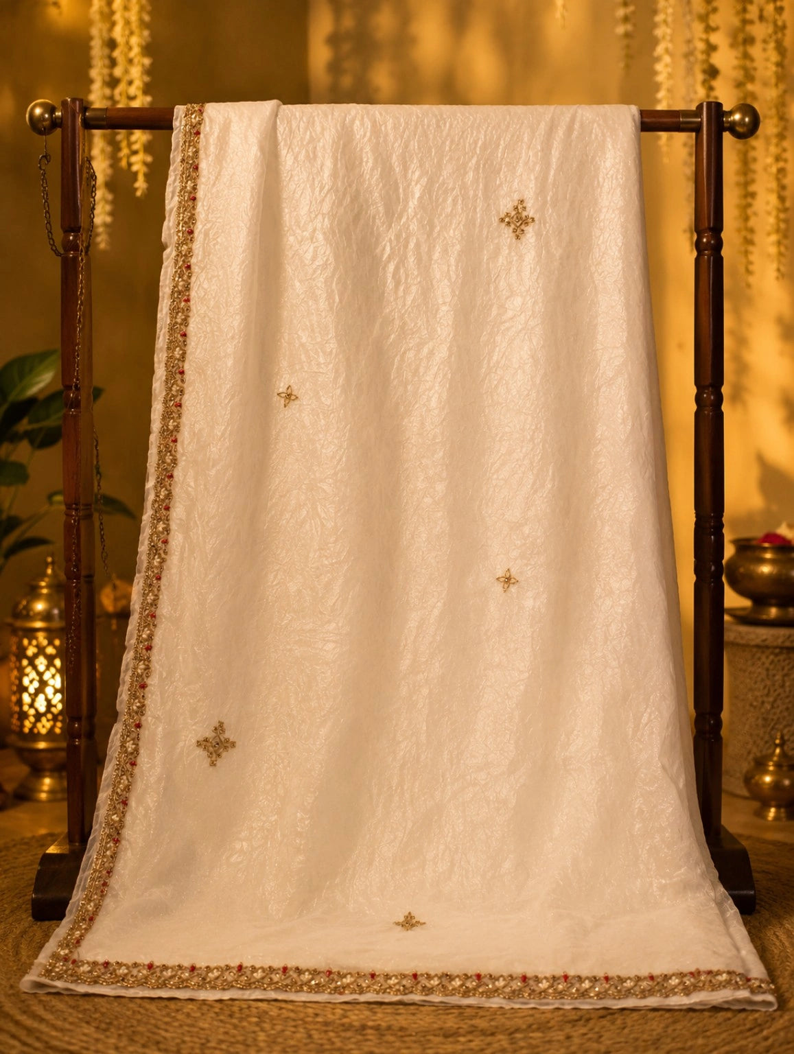 Off-White Fancy Satin Hand Work Saree Combo with Embroidered Blouse
