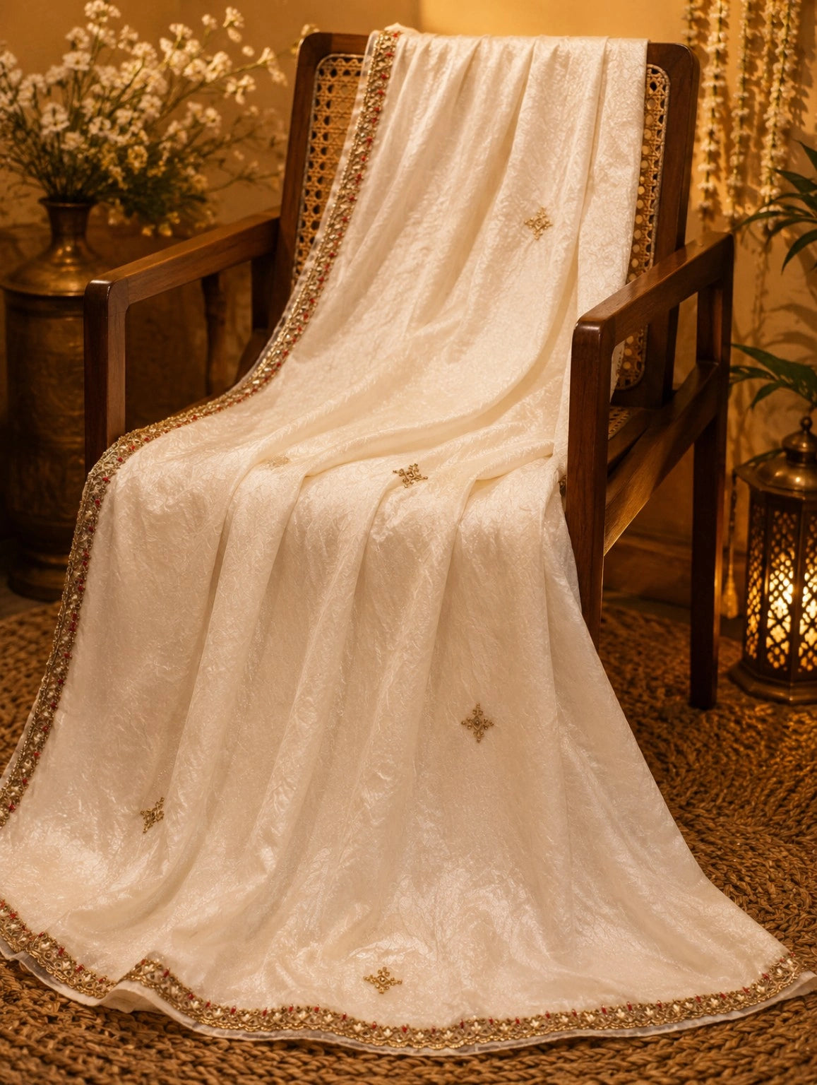 Off-White Fancy Satin Hand Work Saree Combo with Embroidered Blouse