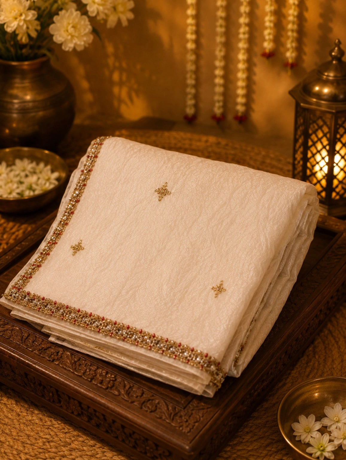 Off-White Fancy Satin Hand Work Saree Combo with Embroidered Blouse