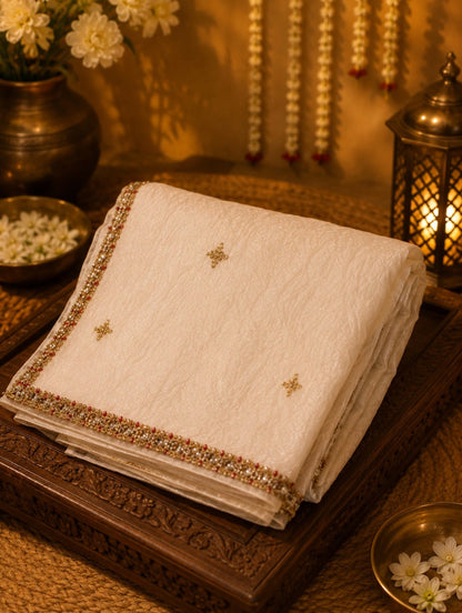 Off-White Fancy Satin Hand Work Saree Combo with Embroidered Blouse