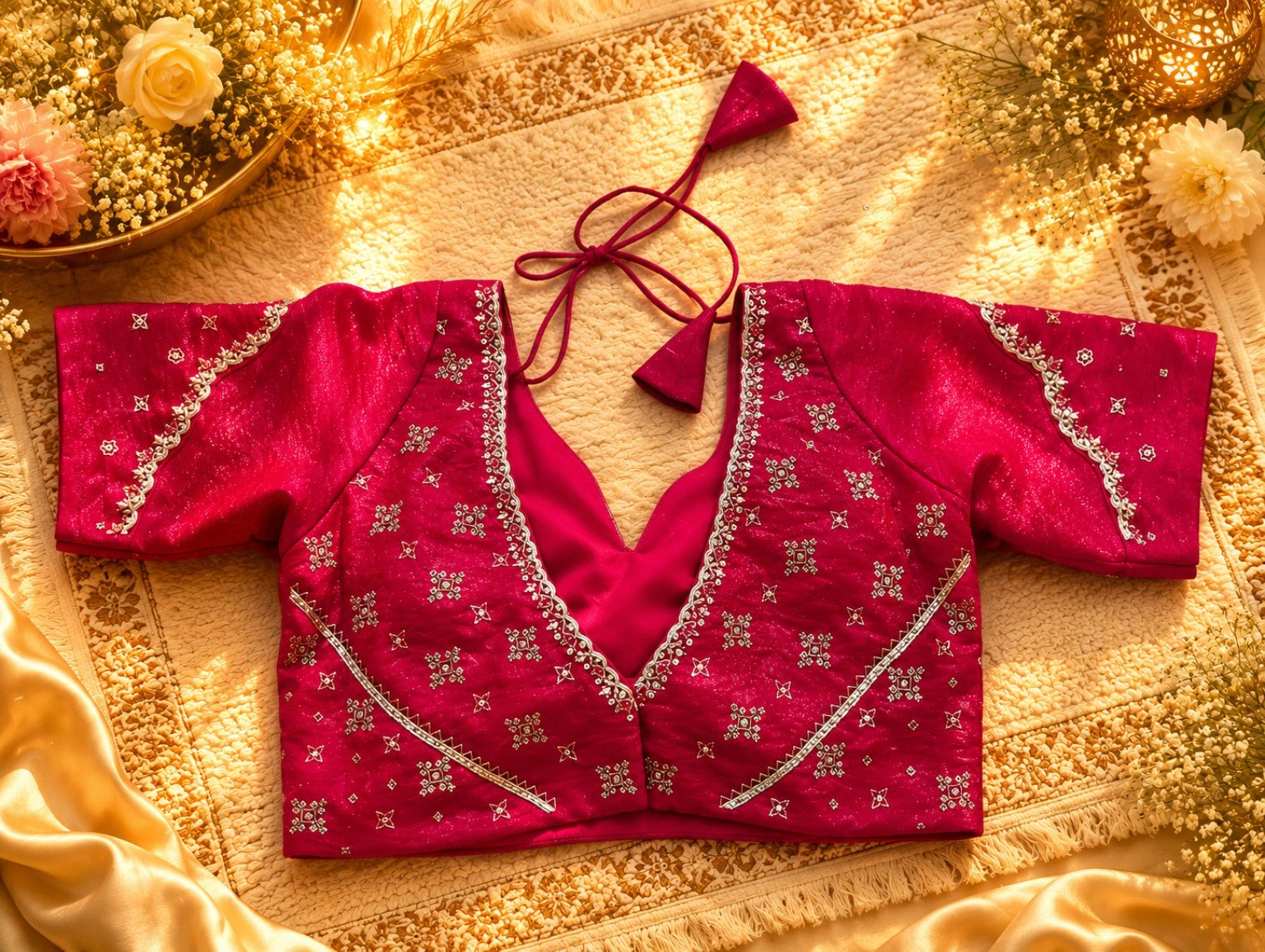 Fancy Satin Hand Work Pink Shimmer Party Wear  Saree with Blouse