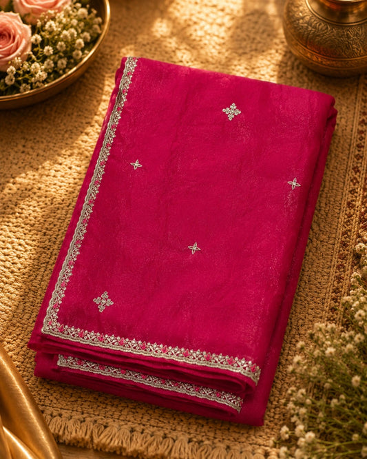 Fancy Satin Hand Work Pink Shimmer Party Wear  Saree with Blouse