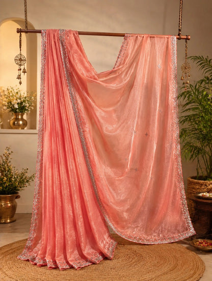 Peach Fancy Satin Hand Work Saree Combo with Blouse