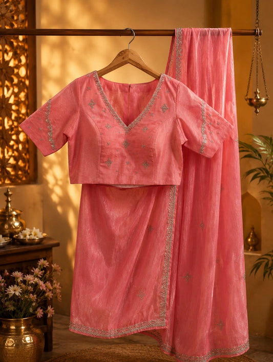 Peach Fancy Satin Hand Work Saree Combo with Blouse