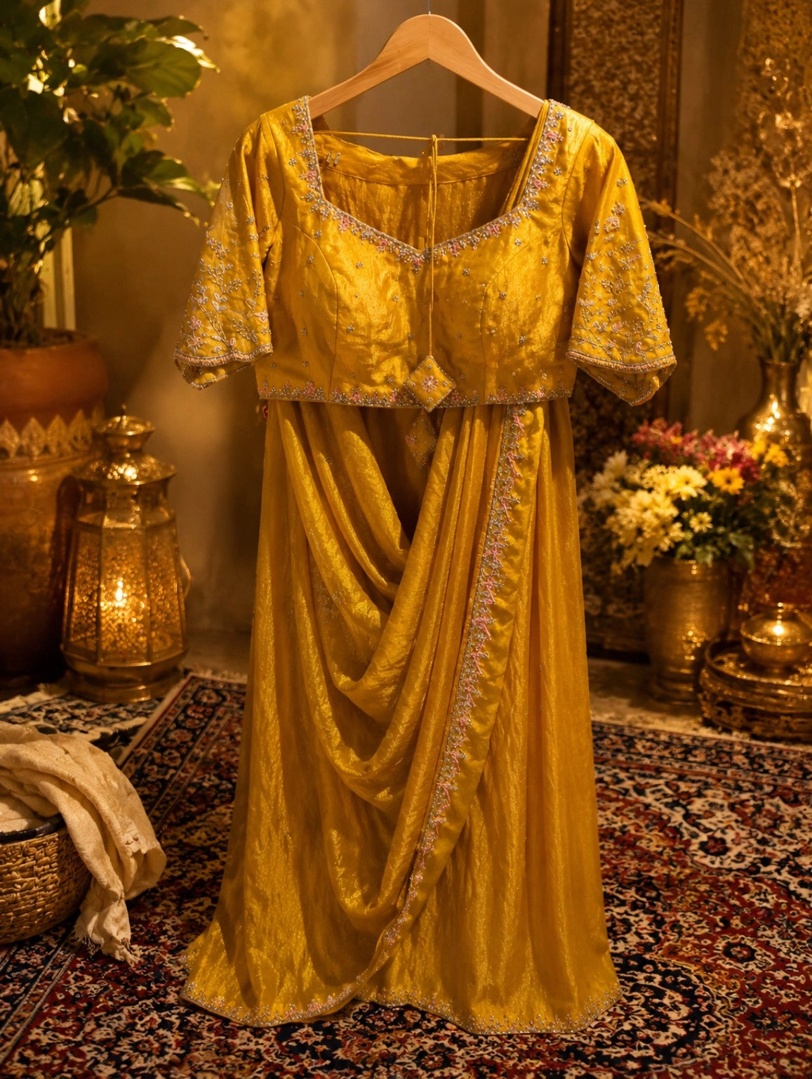 Mustard Yellow Fancy Crush Hand Embroidered Ready-to-Wear Saree with Embellished Blouse