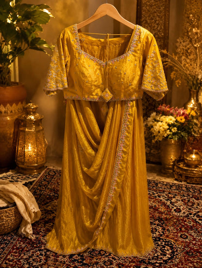 Mustard Yellow Fancy Crush Hand Embroidered Ready-to-Wear Saree with Embellished Blouse