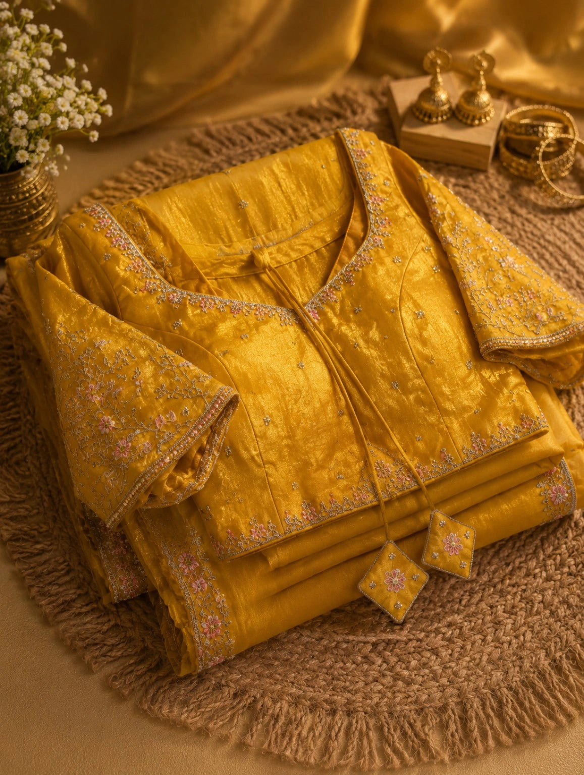 Mustard Yellow Fancy Crush Hand Embroidered Ready-to-Wear Saree with Embellished Blouse