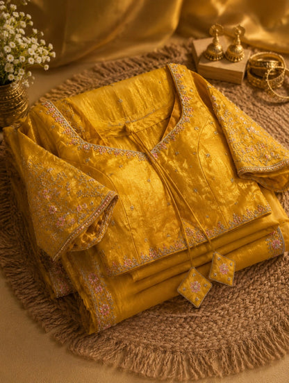 Mustard Yellow Fancy Crush Hand Embroidered Ready-to-Wear Saree with Embellished Blouse