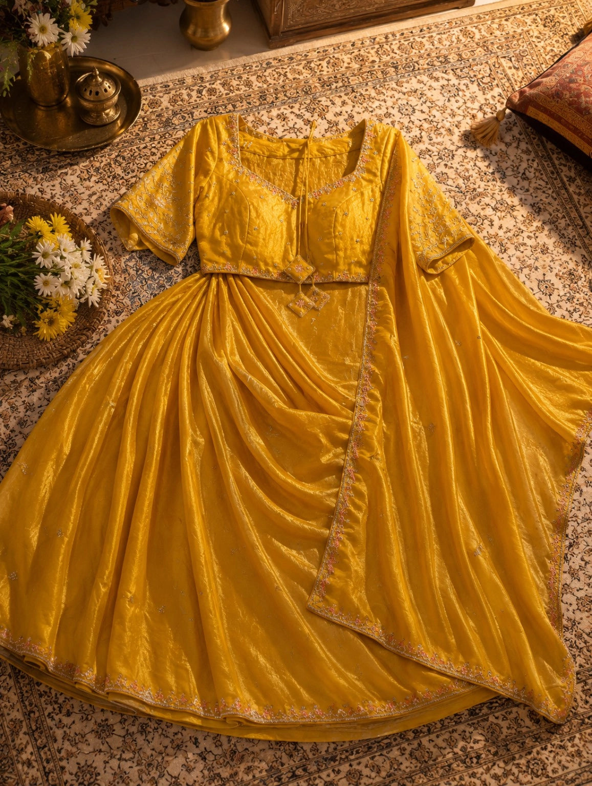 Mustard Yellow Fancy Crush Hand Embroidered Ready-to-Wear Saree with Embellished Blouse