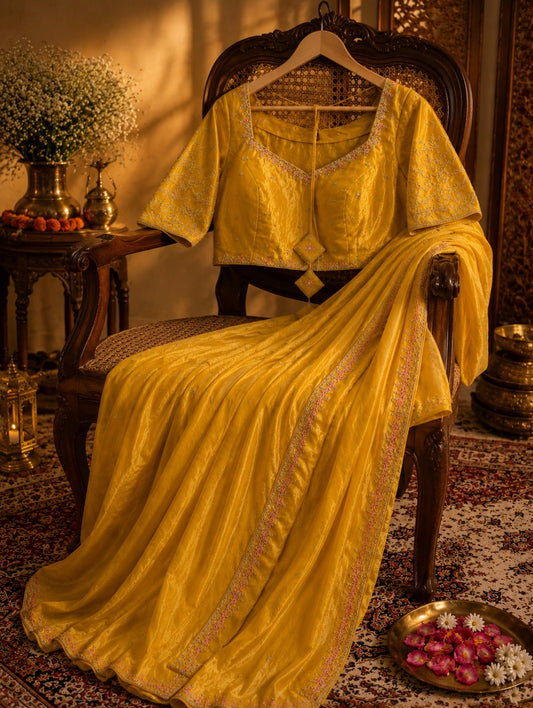 Mustard Yellow Fancy Crush Hand Embroidered Ready-to-Wear Saree with Embellished Blouse