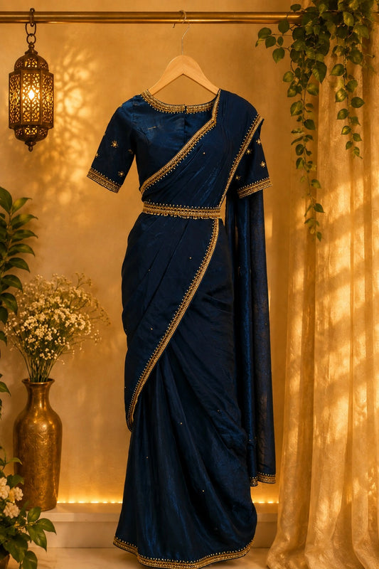 Navy Blue Fancy Satin Bead & Zari Border Saree with Blouse