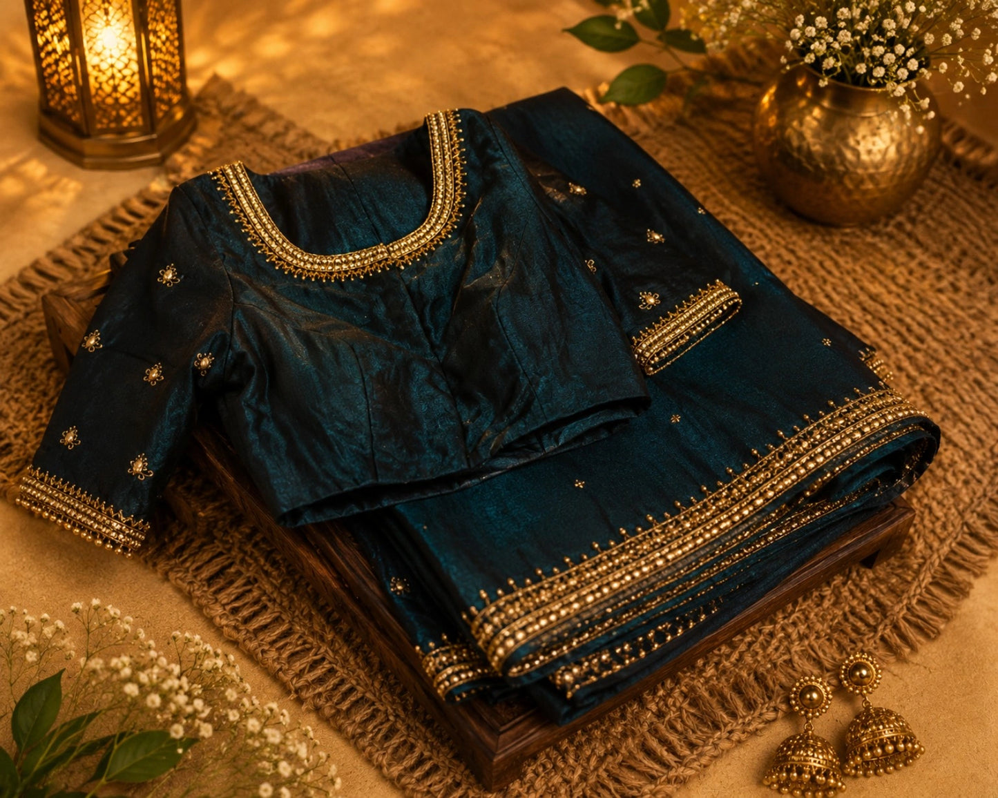 Navy Blue Fancy Satin Bead & Zari Border Saree with Blouse