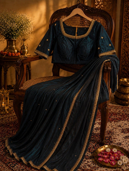 Navy Blue Fancy Satin Bead & Zari Border Saree with Blouse